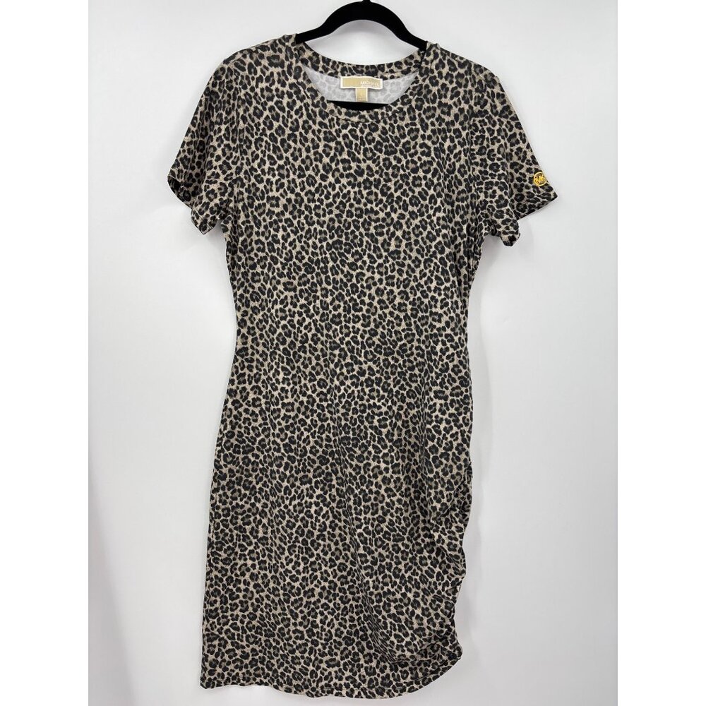 Michael By Michael Kors Animal Print T-Shirt Stretch Dress Tan Black Large